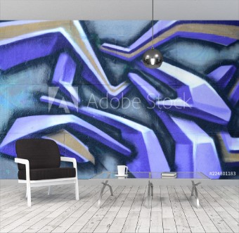 Picture of Fragment of graffiti drawings The old wall decorated with paint stains in the style of street art culture Colored background texture in purple tones